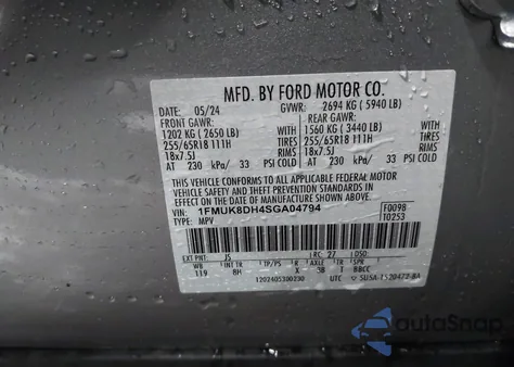 2025 Ford Explorer Active z USA, uszkodzony, nr VIN 1FMUK8DH4SGA04794